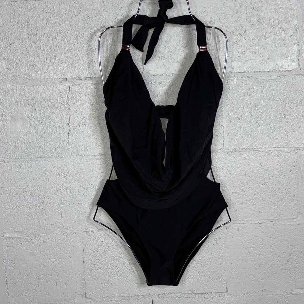Bar III Solid Cowlneck One-Piece Swimsuit black small $88